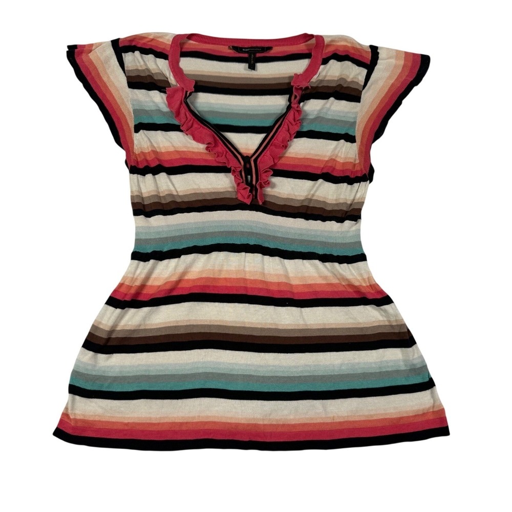 BCBGMAXAZRIA Y2K Silk Cotton Babydoll Top Ruffle V-Neck Striped Peplum Pink L